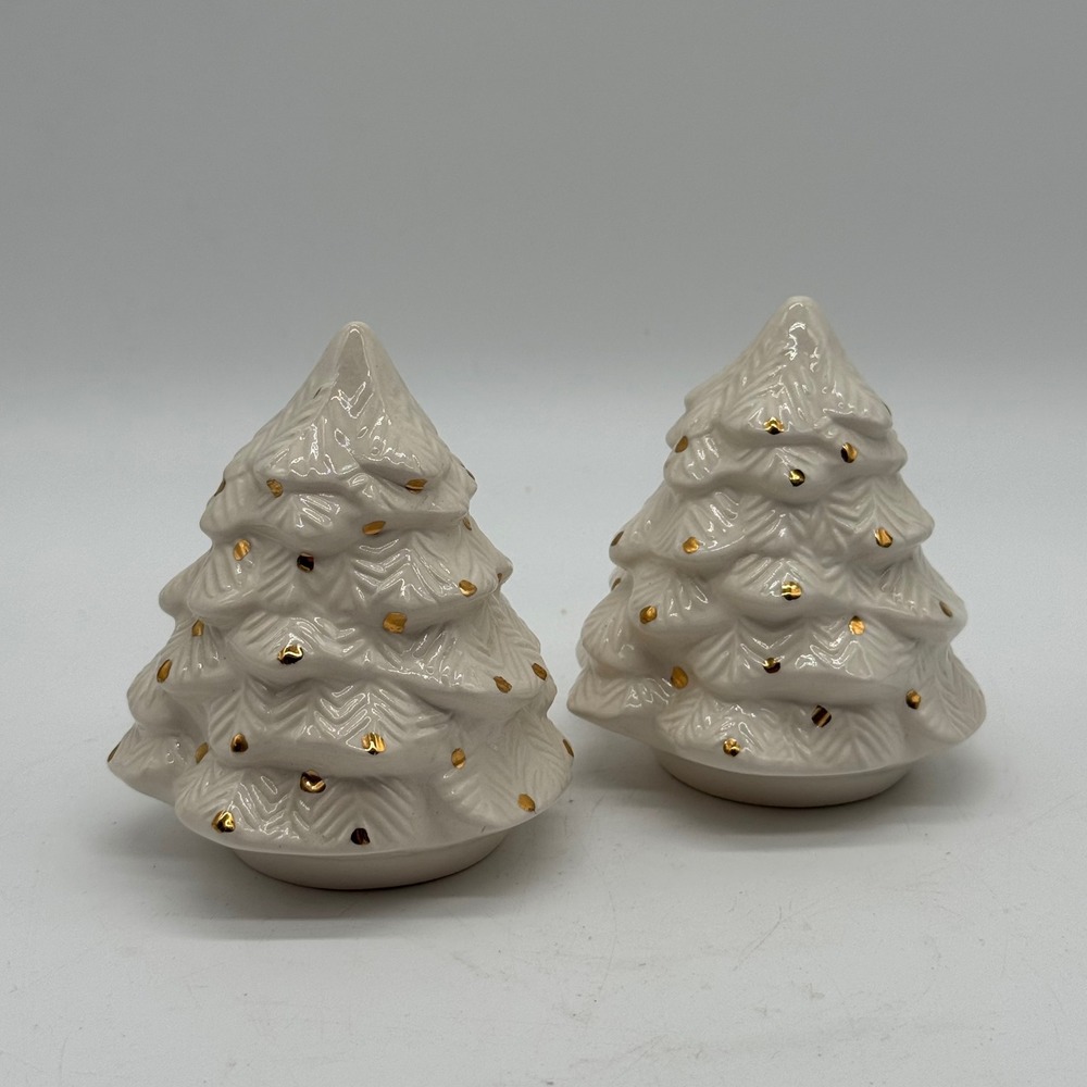 Vintage 1970s Atlantic Mold White Ceramic Christmas Tree Miniature Figurine Pair